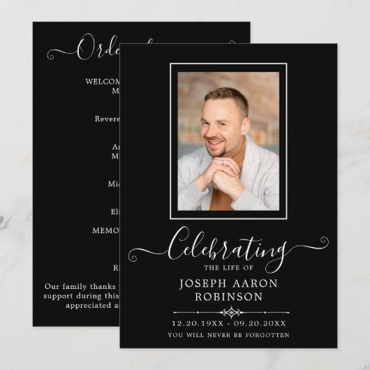 Fotoviering van het leven Orde van dienst zwart Programmakaart (Voorkant / Achterkant)