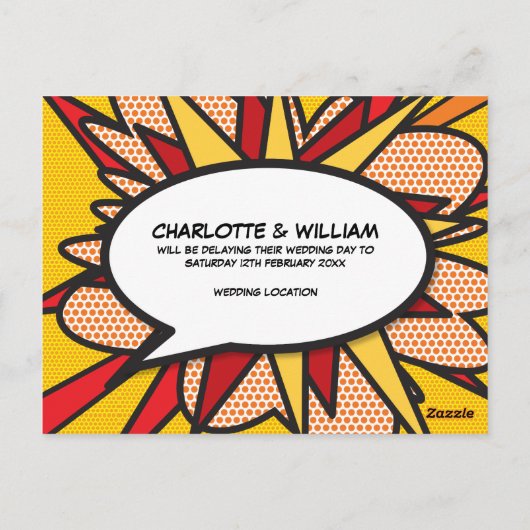 Fotowijziging van datum uitgesteld leuk stripboek briefkaart (Achterkant)