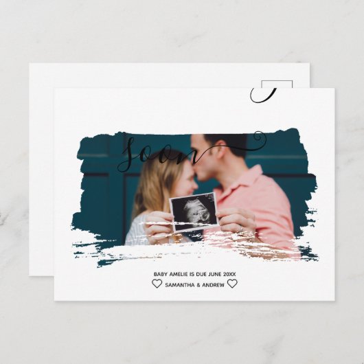 Fotozwangerschap met moderne scriptpenseel aankondigingskaart (Voorkant / Achterkant)