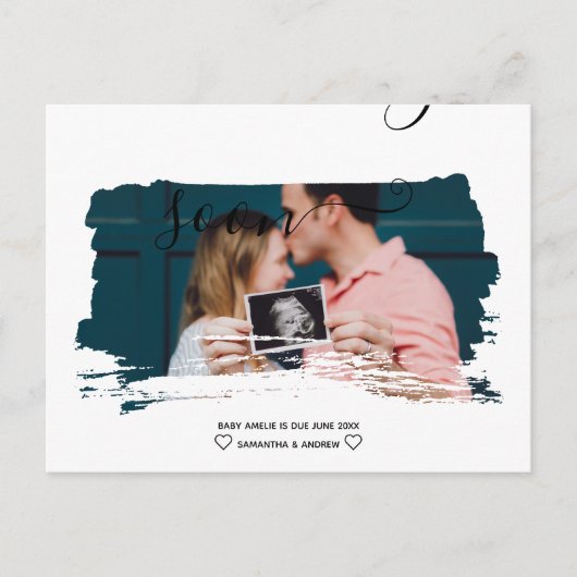 Fotozwangerschap met moderne scriptpenseel aankondigingskaart (Voorkant)