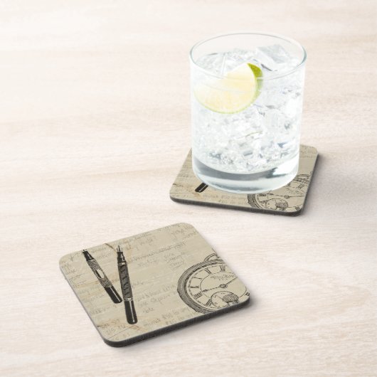 Fountain Pens and Watchface with Notes Bier Onderzetter (Rechterzijde)