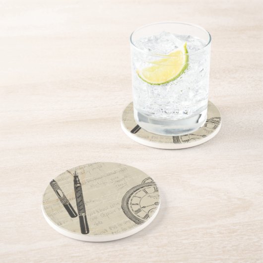 Fountain Pens and Watchface with Notes Zandsteen Onderzetter (Zijkant)