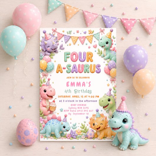 Four-A-Saurus 4e verjaardagsfeestje meisje dinosau Kaart