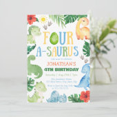 Four A-Saurus Dino 4de verjaardag Kaart (Staand voorkant)