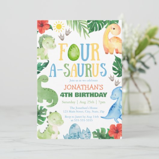 Four A-Saurus Dino 4th Birthday Kaart (Staand voorkant)