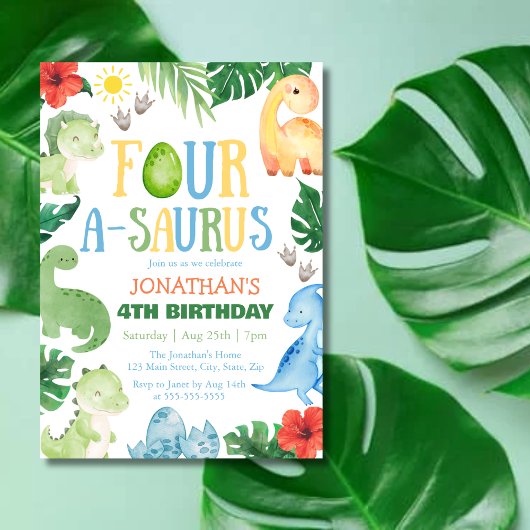 Four A-Saurus Dino 4th Birthday Kaart