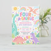 Four A Saurus Pastel Dinosaur 4e Verjaardag Kaart (Staand voorkant)