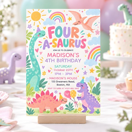 Four A Saurus Pastel Dinosaur 4e Verjaardag Kaart