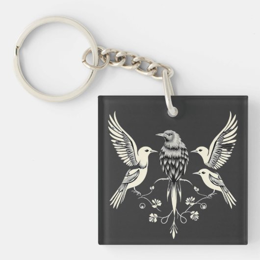 Four Birds on a Branch Illustration Sleutelhanger (voorkant)