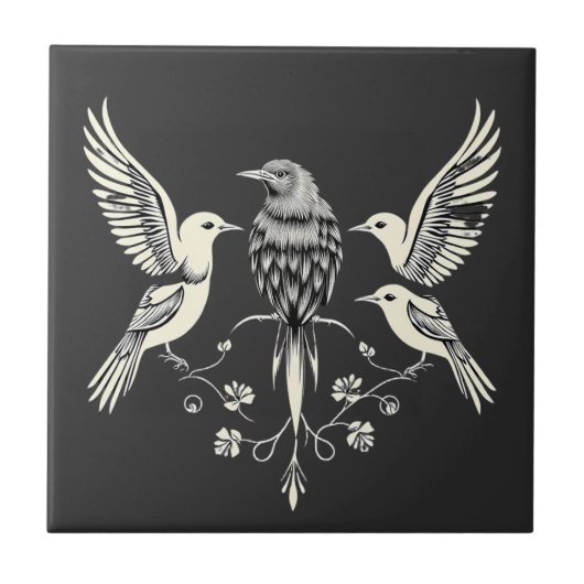 Four Birds on a Branch Illustration Tegeltje (Voorkant)