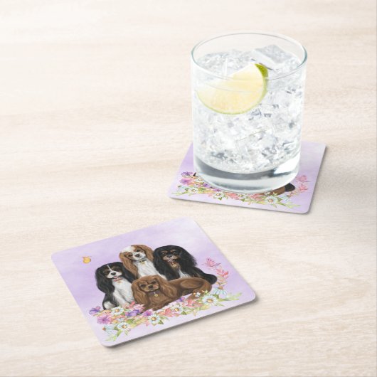 Four Cavalier King Charles Spaniels in Flowers  Kartonnen Onderzetters (Insitu)