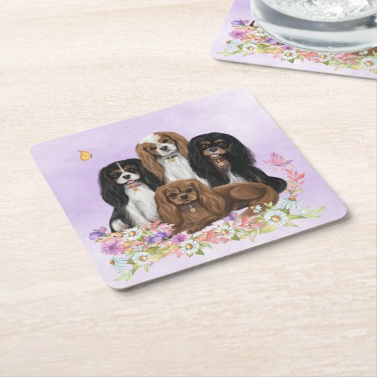Four Cavalier King Charles Spaniels in Flowers  Kartonnen Onderzetters (Schuin)