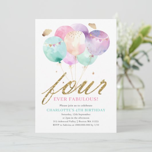 Four Ever Fabulous Balloon 4th Birthday Kaart (Staand voorkant)