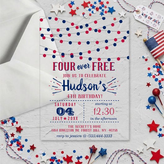 Four Ever Free! 4 juli 4e verjaardagsfeestje Acryl Uitnodigingen