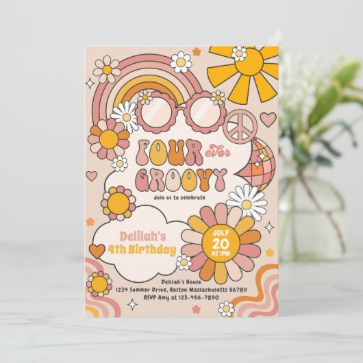 Four Ever Groovy 70s Flower Power Rainbow Verjaard Kaart (Staand voorkant)