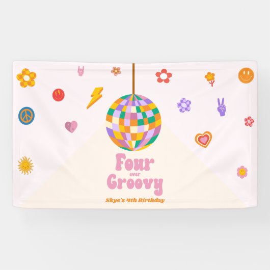 Four Ever Groovy Disco Ball 4e verjaardagsfeestje Spandoek (Horizontaal)