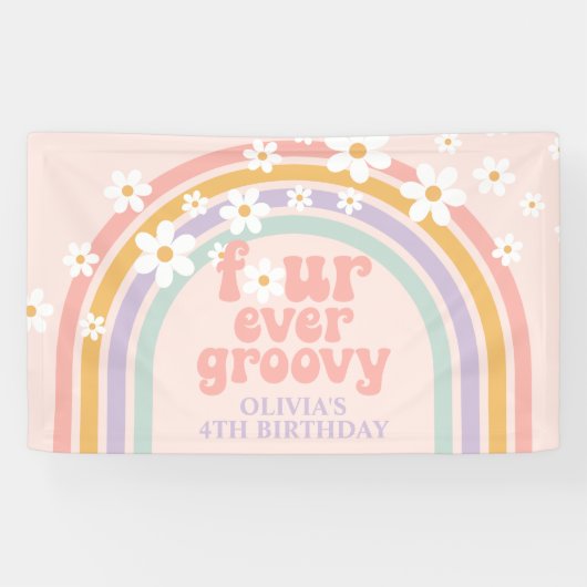 Four Ever Groovy Pastel regenboog 4e verjaardag Spandoek (Horizontaal)