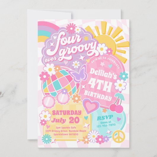 Four Ever Groovy Pastel Regenboog 4e Verjaardagsfe Kaart (Voorkant)