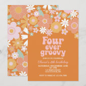 Four Ever Groovy Retro Bloem 4de verjaardag Kaart (Voorkant / Achterkant)