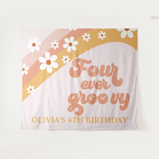 Four Ever Groovy Retro Daisy 4e Verjaardag Banner Wandkleed (Voorkant (horizontaal))