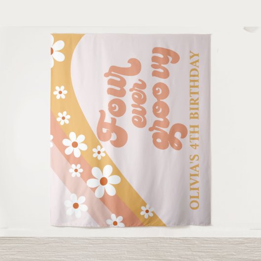 Four Ever Groovy Retro Daisy 4e Verjaardag Banner  Wandkleed (Voorkant)