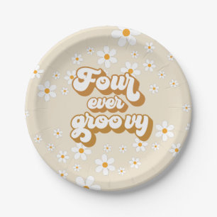 Four Ever Groovy Retro Daisy 4e Verjaardag Papieren Bordje