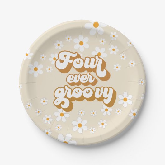 Four Ever Groovy Retro Daisy 4e Verjaardag Papieren Bordje (Voorkant)