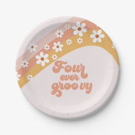 Four Ever Groovy Retro Daisy Rainbow 4e Verjaardag Papieren Bordje