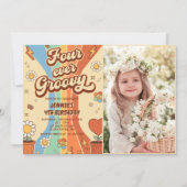 Four Ever Groovy Retro Rainbow 4th Verjaardag Foto Kaart (Voorkant)