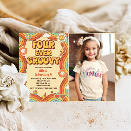 Four Ever Groovy Retro Rainbow 4th Verjaardag Foto Kaart