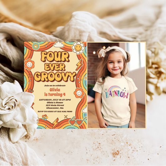 Four Ever Groovy Retro Rainbow 4th Verjaardag Foto Kaart