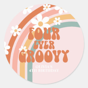 Four Ever Groovy Retro regenboog 4de verjaardag Ronde Sticker