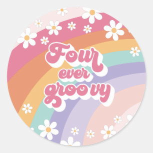 Four Ever Groovy Retro Regenboog 4e Verjaardag Ronde Sticker