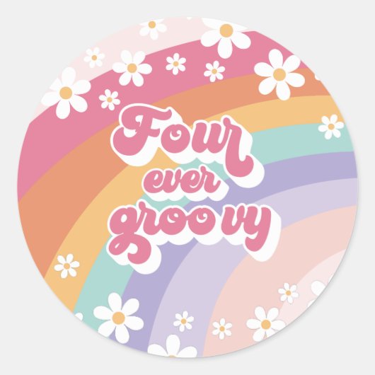 Four Ever Groovy Retro Regenboog 4e Verjaardag Ronde Sticker (Voorkant)