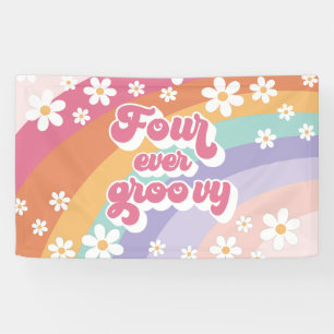 Four Ever Groovy Retro Regenboog 4e Verjaardag Spandoek