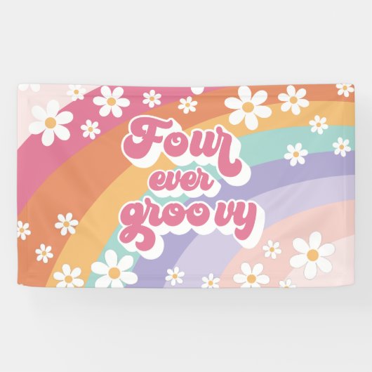 Four Ever Groovy Retro Regenboog 4e Verjaardag Spandoek (Horizontaal)