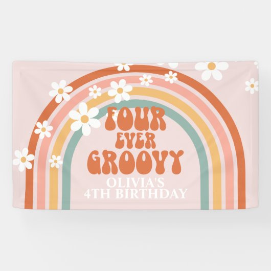 Four Ever Groovy Retro Regenboog Madelief Verjaard Spandoek (Horizontaal)