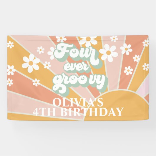 Four Ever Groovy Retro Sunshine Daisy Verjaardag Spandoek (Horizontaal)