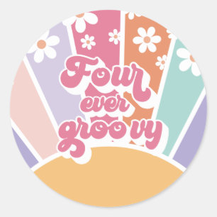 Four Ever Groovy Retro Sunshine Regenboog Madelief Ronde Sticker