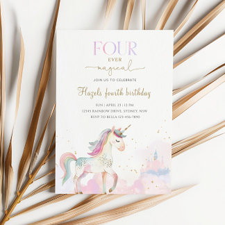 Four Ever Magical Pastel Unicorn 4th Birthday Kaart