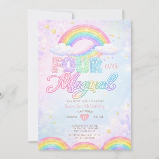 FOUR EVER Magical Rainbow 4th birthday invitation Kaart (Voorkant)
