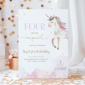 Four Ever Magical Unicorn 4th Birthday Party Kaart