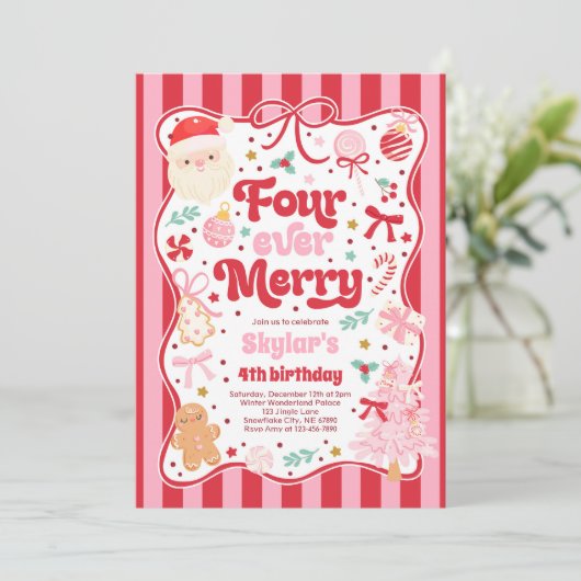 Four Ever Merry Christmas Bow 4th Birthday Kaart (Staand voorkant)