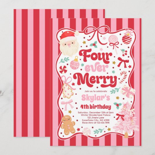 Four Ever Merry Christmas Bow 4th Birthday Kaart (Voorkant / Achterkant)