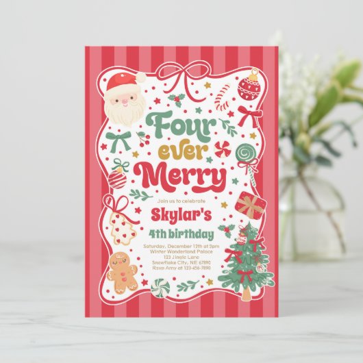 Four Ever Merry Christmas Bow 4th Birthday Kaart (Staand voorkant)