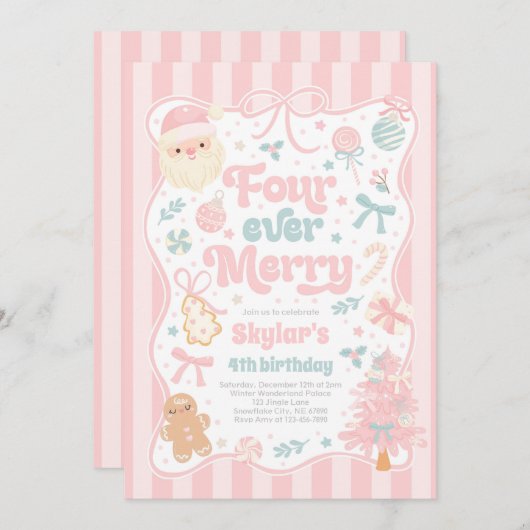 Four Ever Merry Christmas Bow 4th Birthday Kaart (Voorkant / Achterkant)