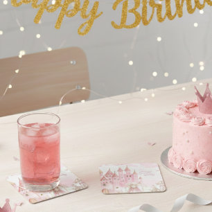 Four Ever Pink Princess Castle Verjaardag onderzet Kartonnen Onderzetters