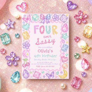 Four Ever Sassy Whimsical Gemstone 4de Verjaardag Kaart