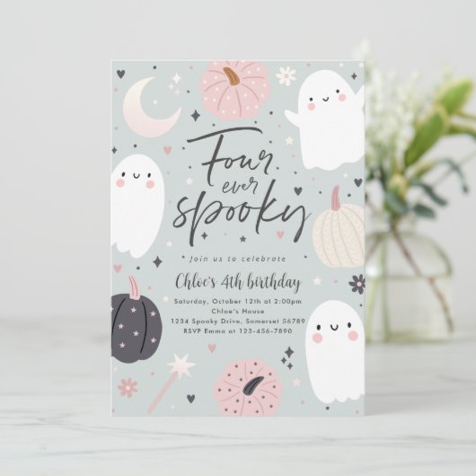 Four Ever Spooky Boho Halloween Ghost 4e Verjaarda Kaart (Staand voorkant)