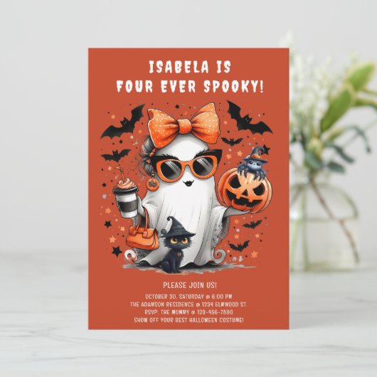 Four Ever Spooky Ghost Halloween 4e Verjaardag Kaart (Staand voorkant)